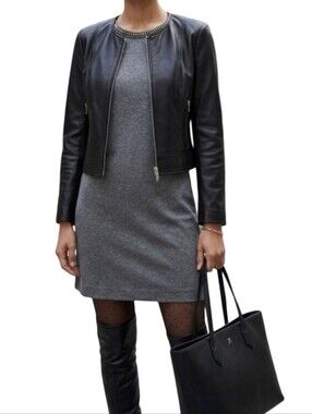 CYNTHIA ROWLEY Mod/Retro Inspired Gray Bejeweled Shift Dress Sz 8 EUC